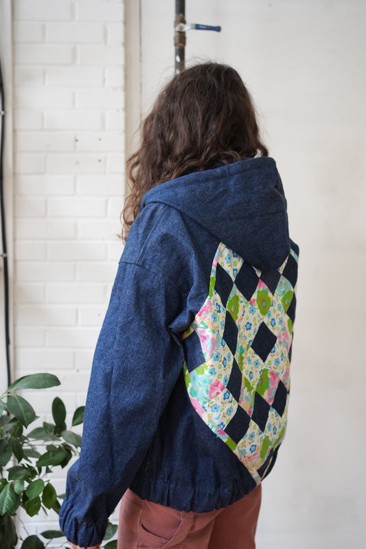 Denim jacket with quilt back- blue & green quilt- size M/L