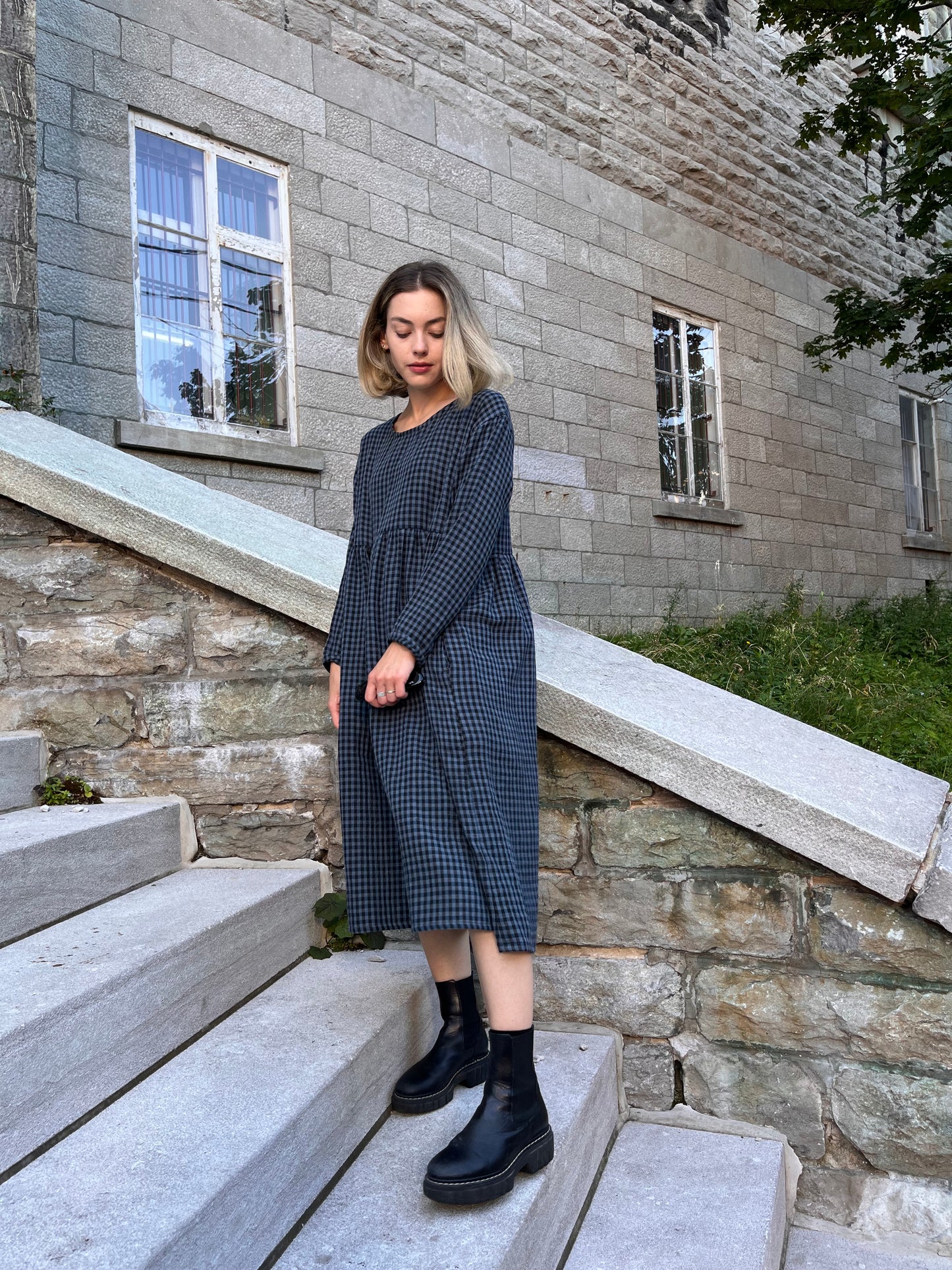 Midnight check organic cotton double gauze dress