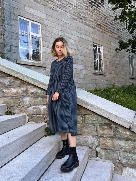 Midnight check organic cotton double gauze dress