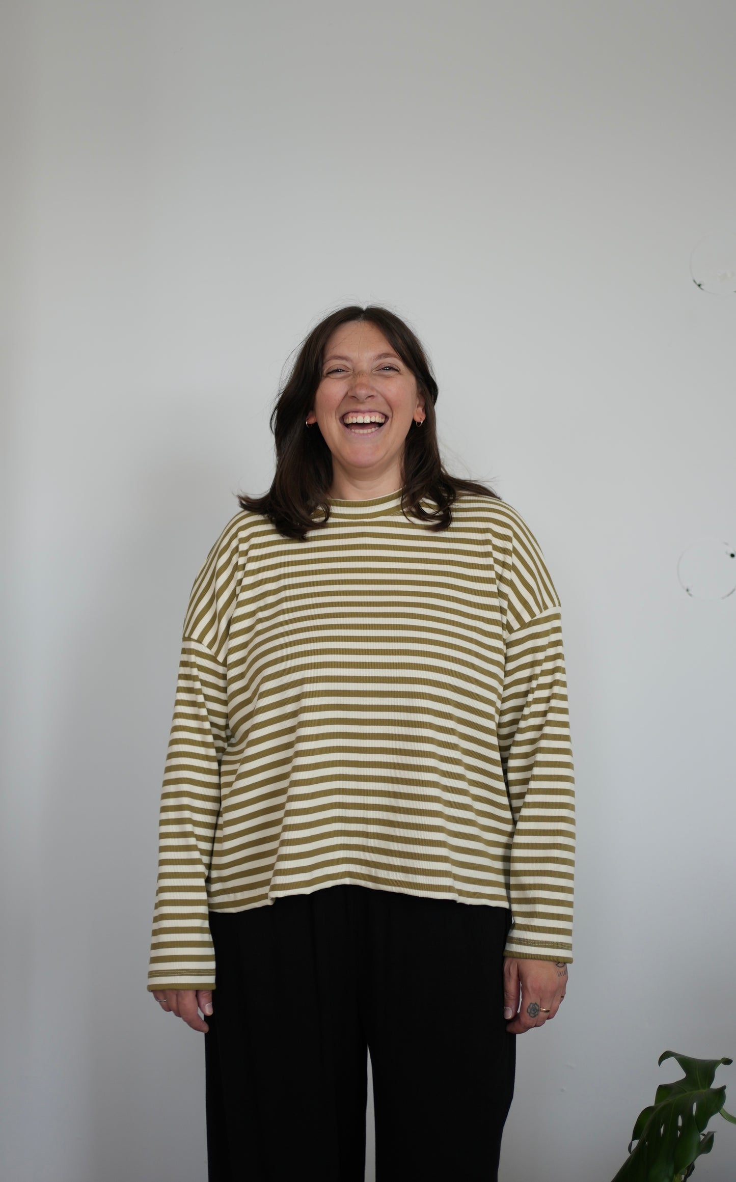 Olive & cream ribbed knit boxy top