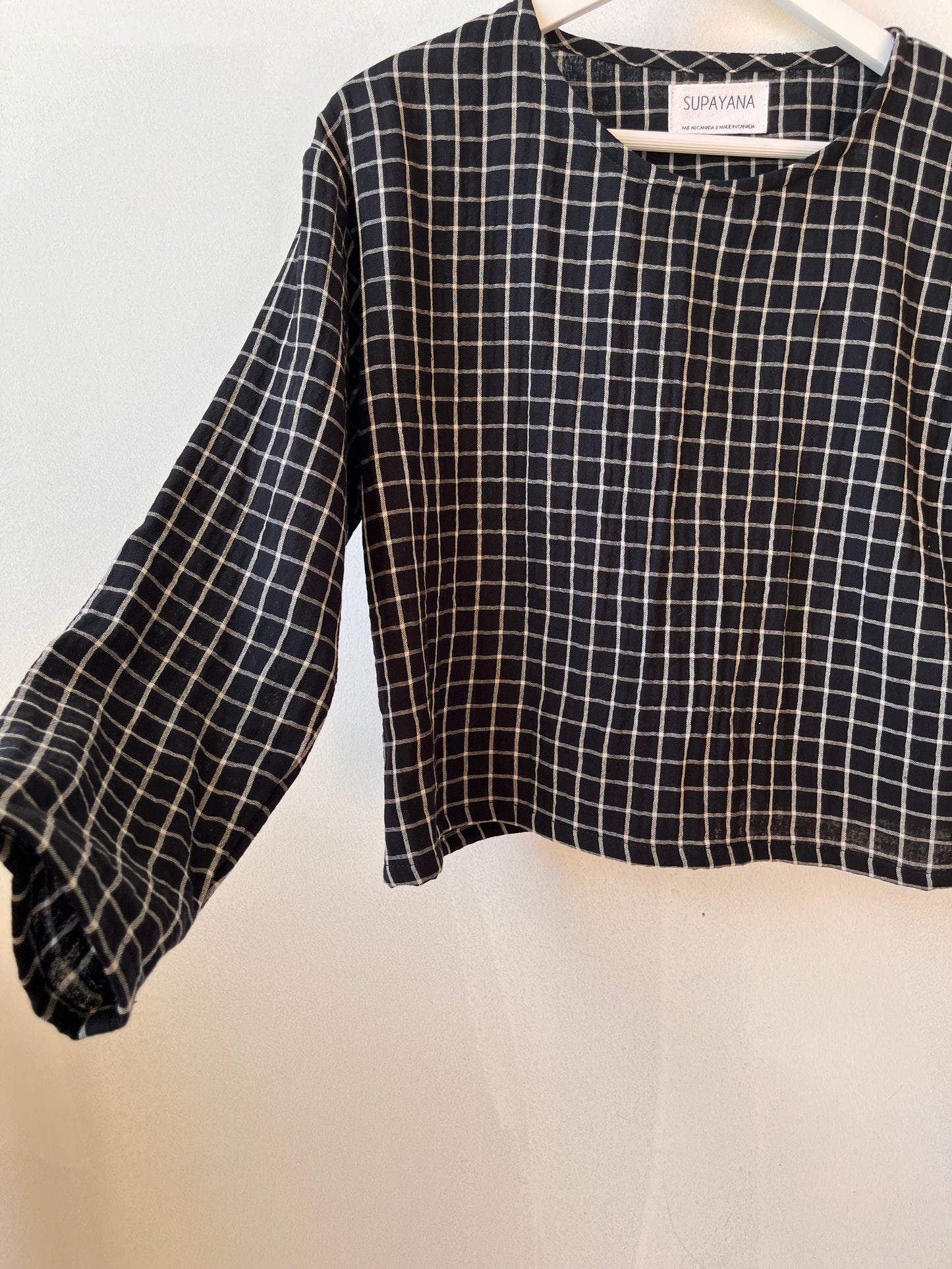 Organic cotton long sleeved top- black windowpane double gauze