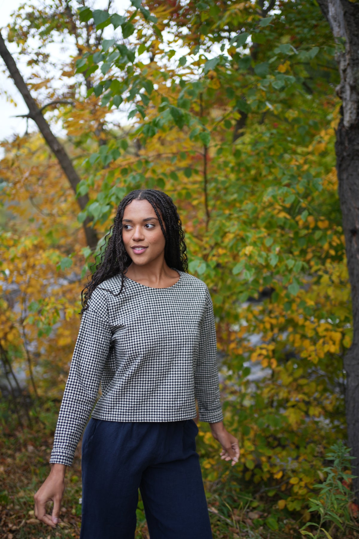 Cotton/linen blend boxy top- black and cream gingham