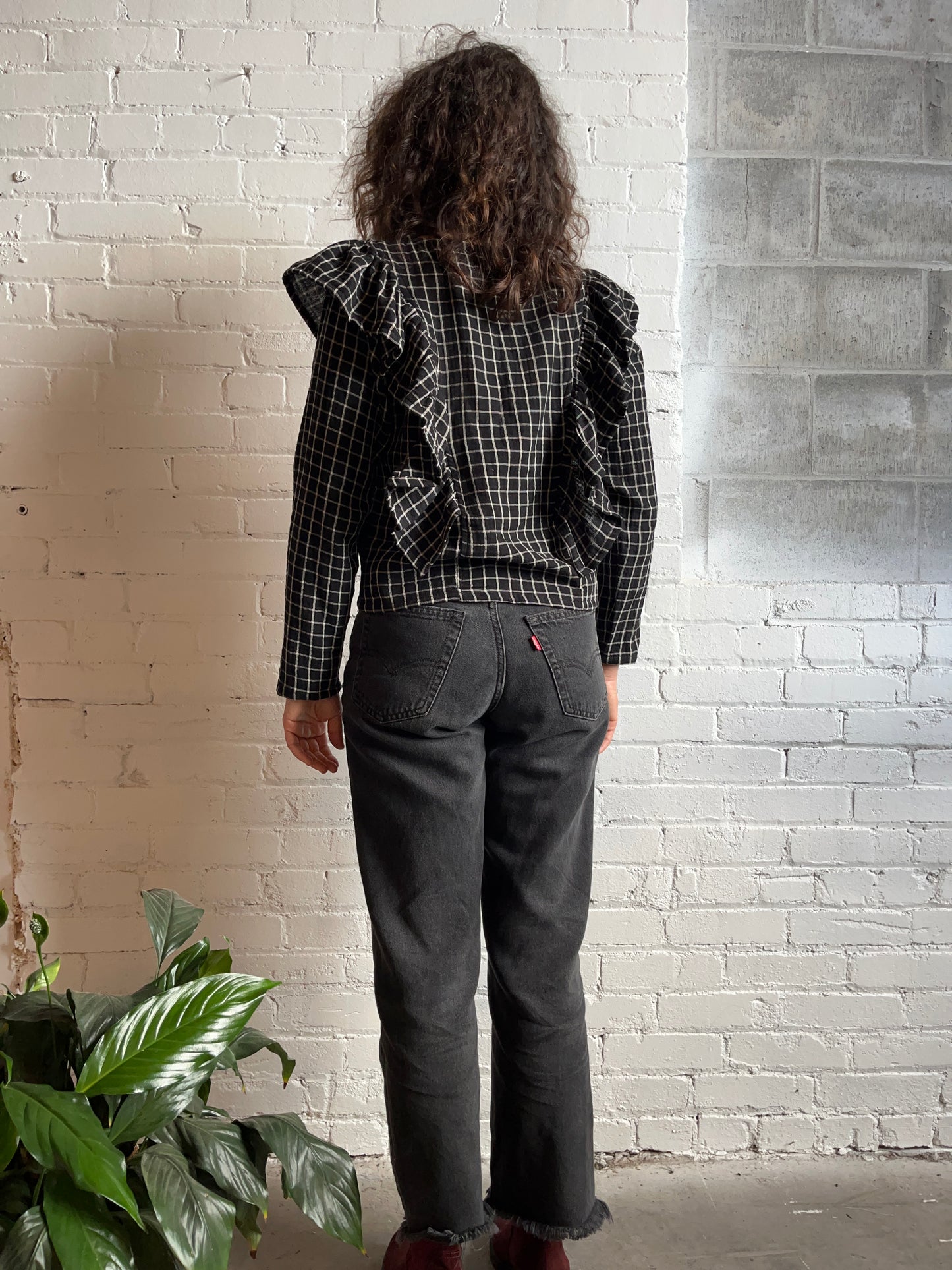 Organic cotton ruffle top-B&W windowpane check - Ships early October