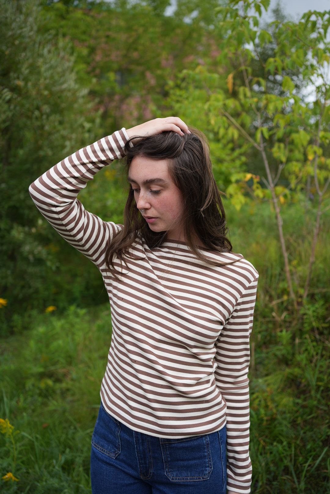 striped boatneck top - cocoa & off white