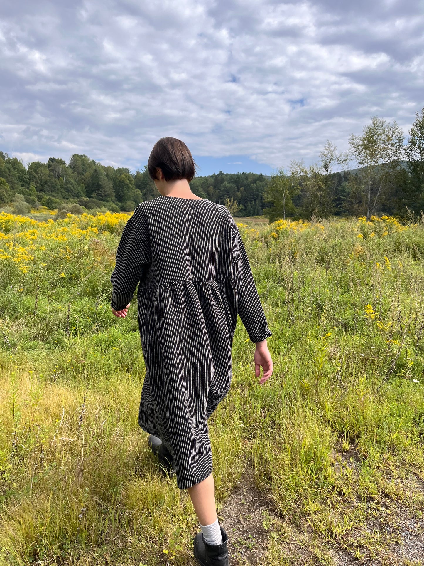 Black linen blend striped midi dress