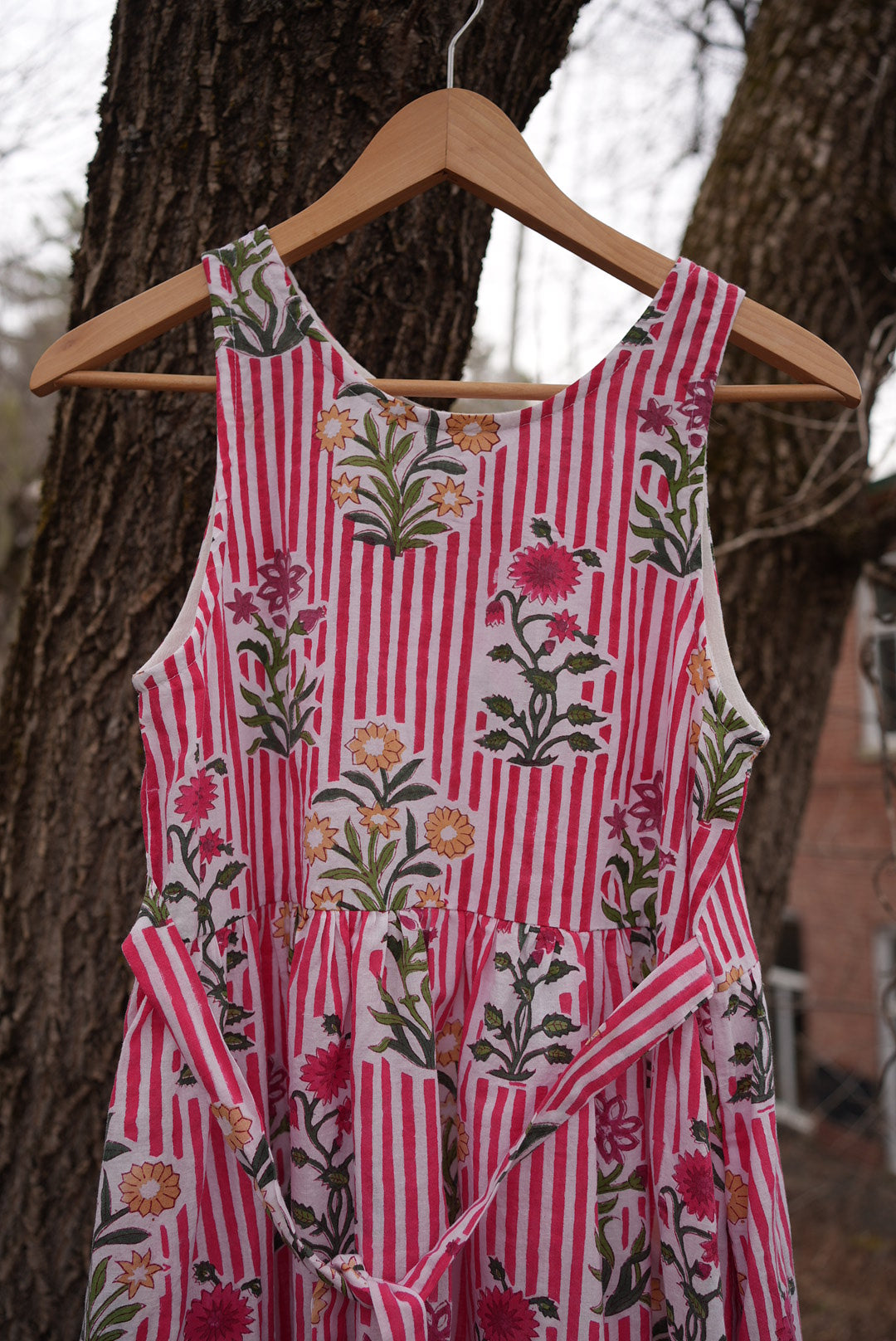 Red striped block print dress- any size