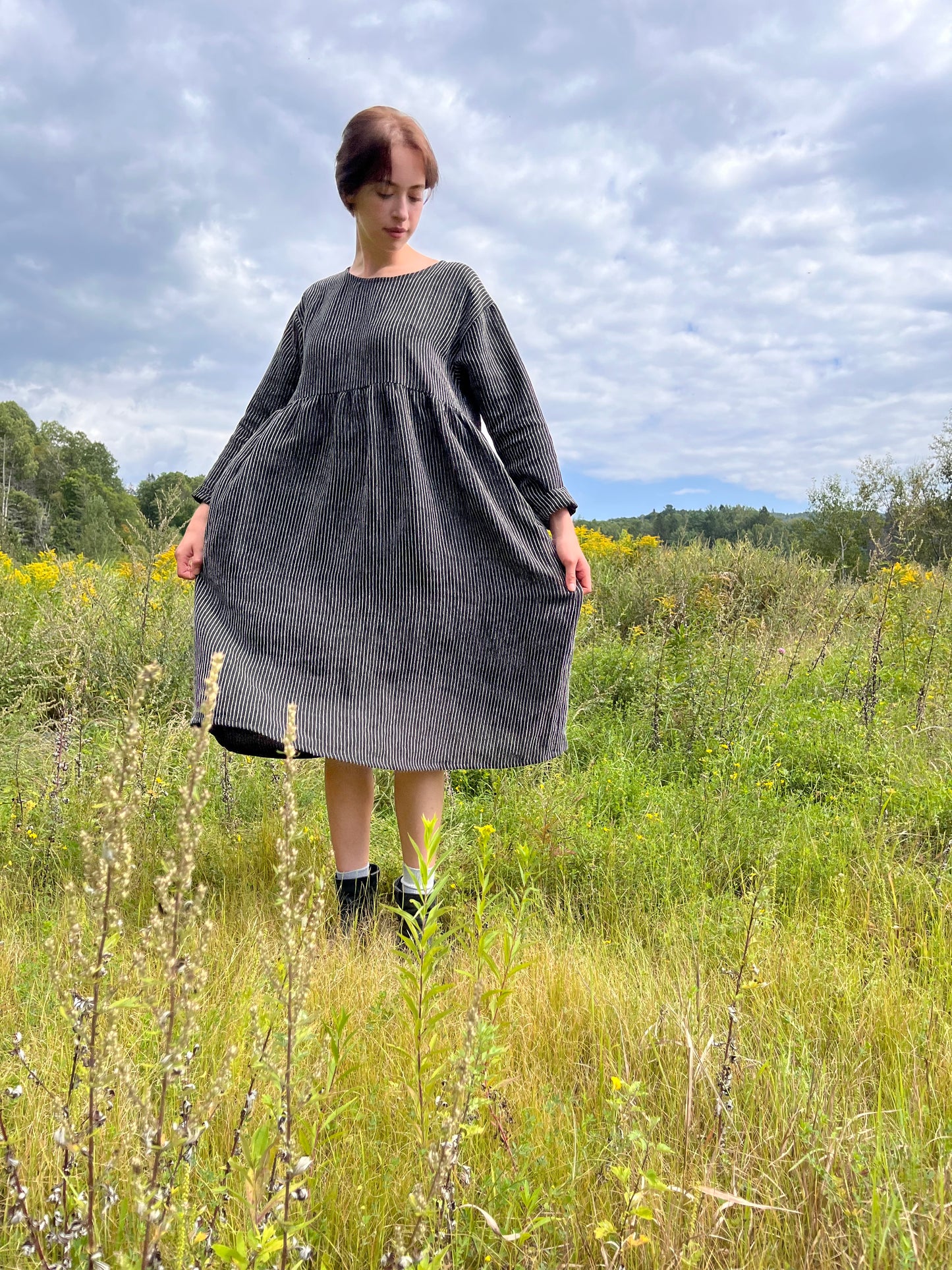 Black linen blend striped midi dress