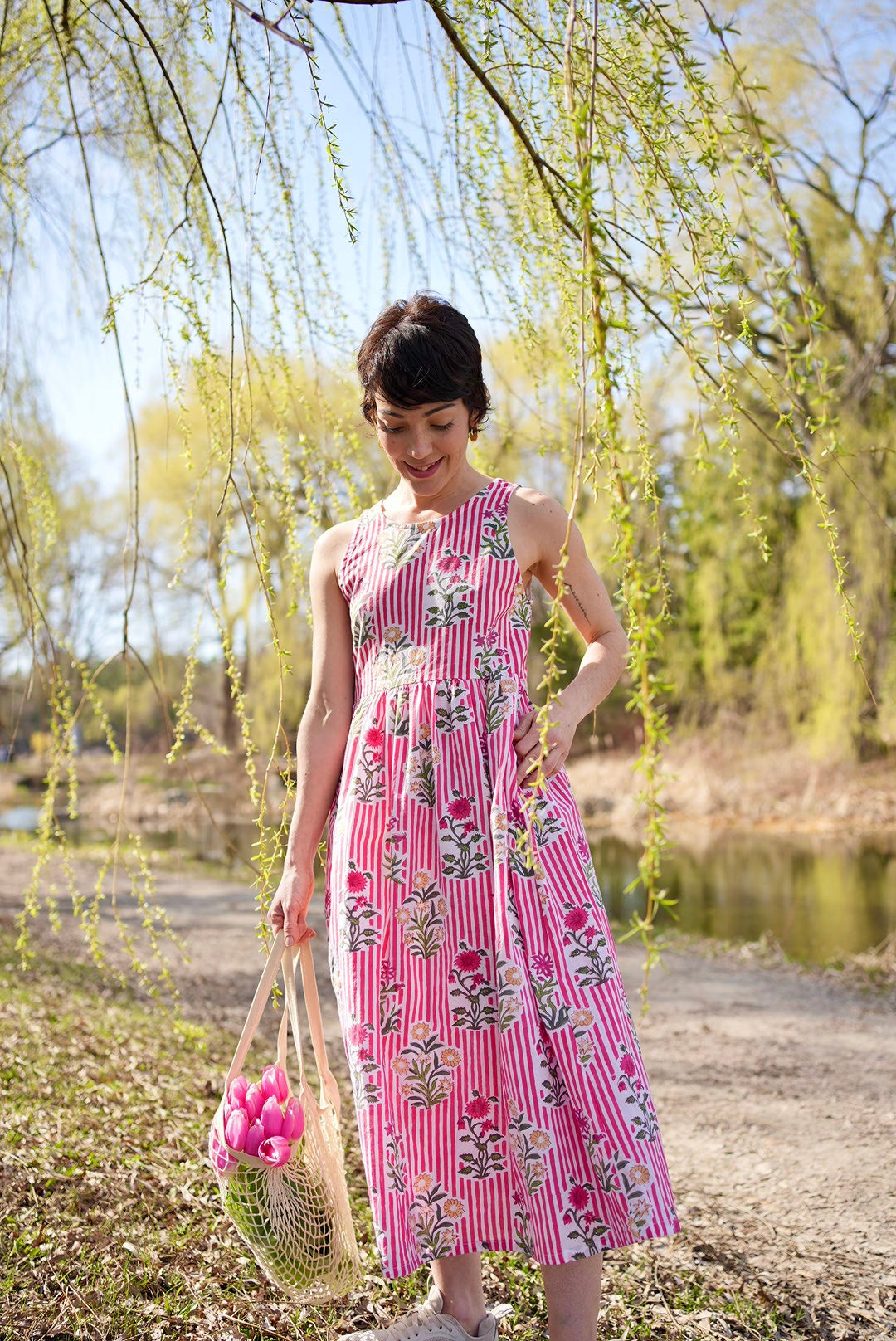 Red striped block print dress- any size