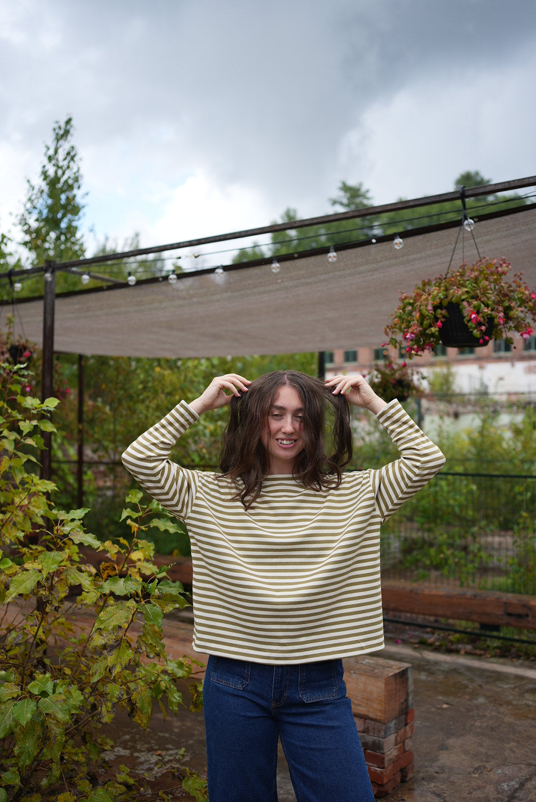 Olive & cream ribbed knit boxy top