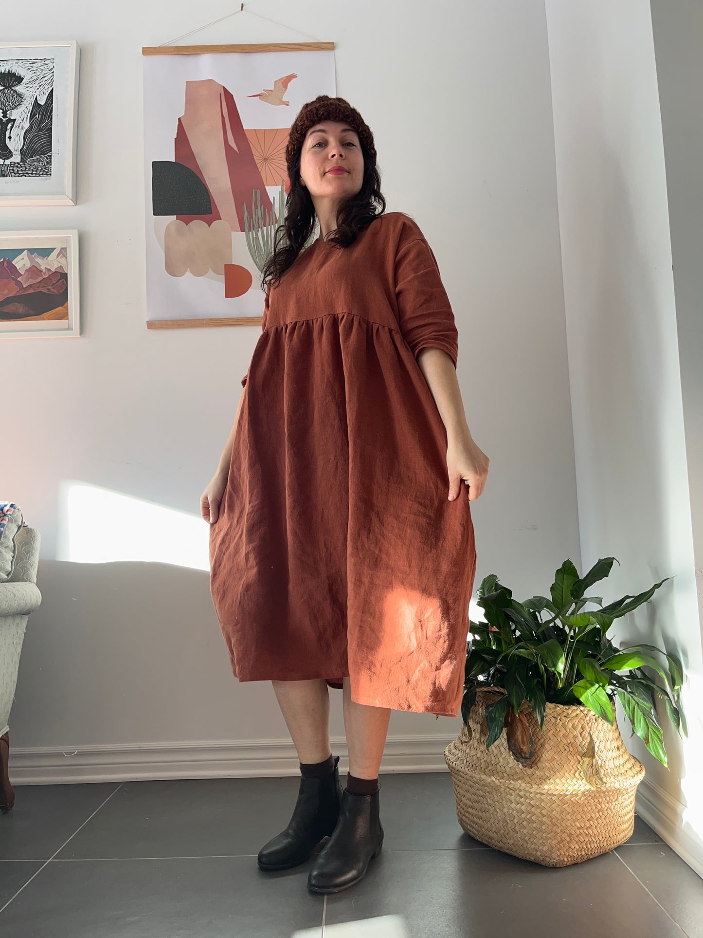 Copper linen midi dress