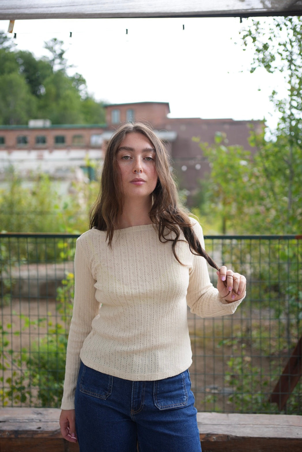 cotton pointelle boat neck top- cream
