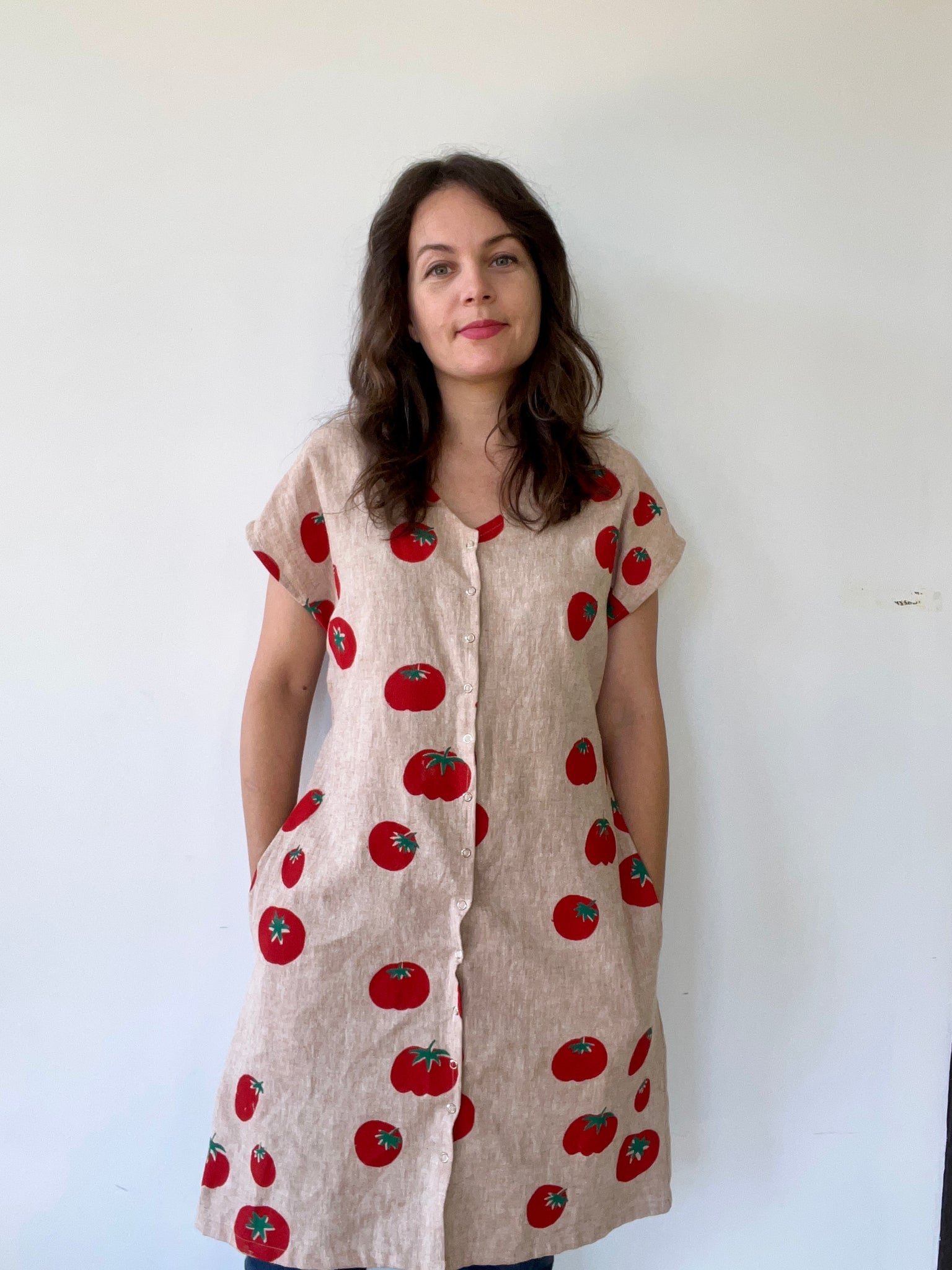 OOAK tomato print linen blend snap dress