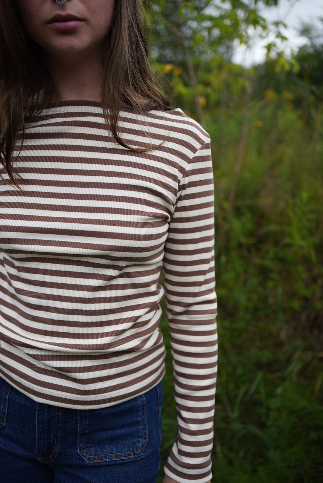 striped boatneck top - cocoa & off white