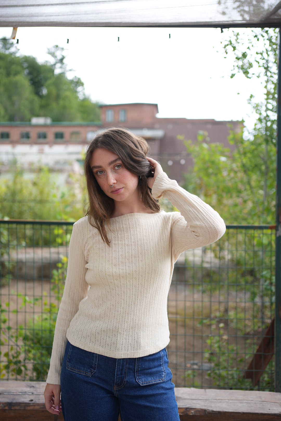 cotton pointelle boat neck top- cream
