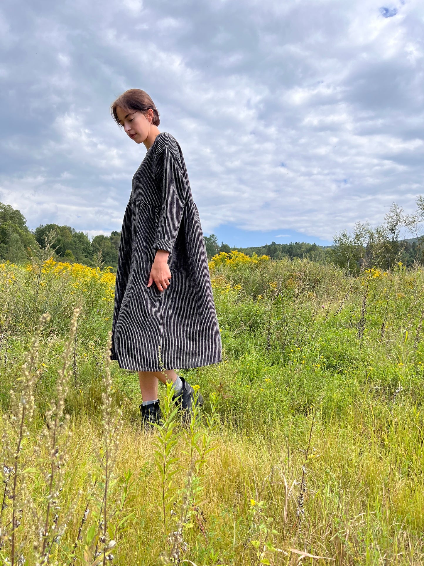 Black linen blend striped midi dress