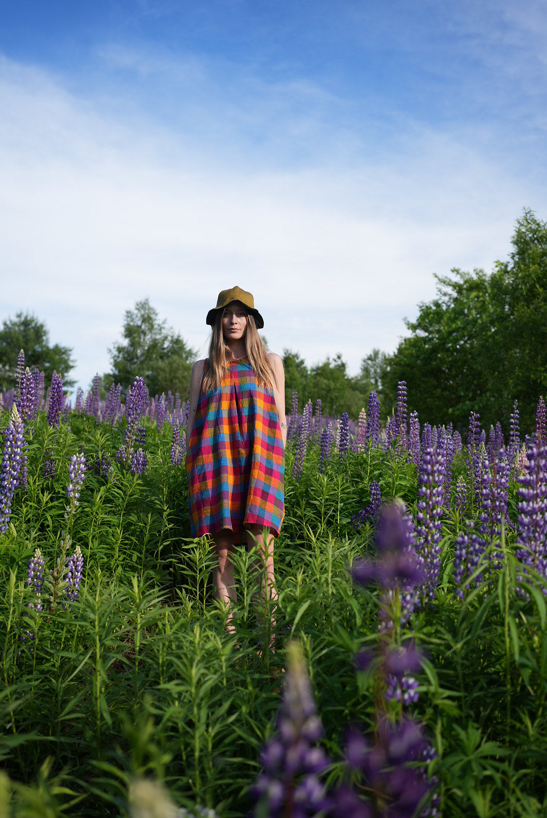 Bright check tent dress with matching bandana