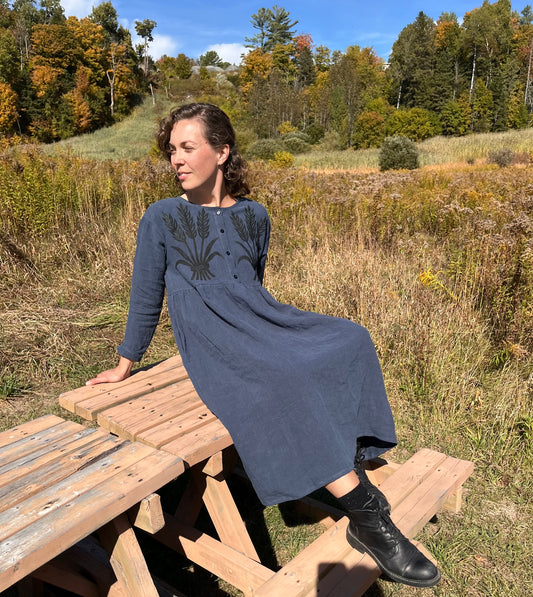 Wheat print button up dress- Indigo linen