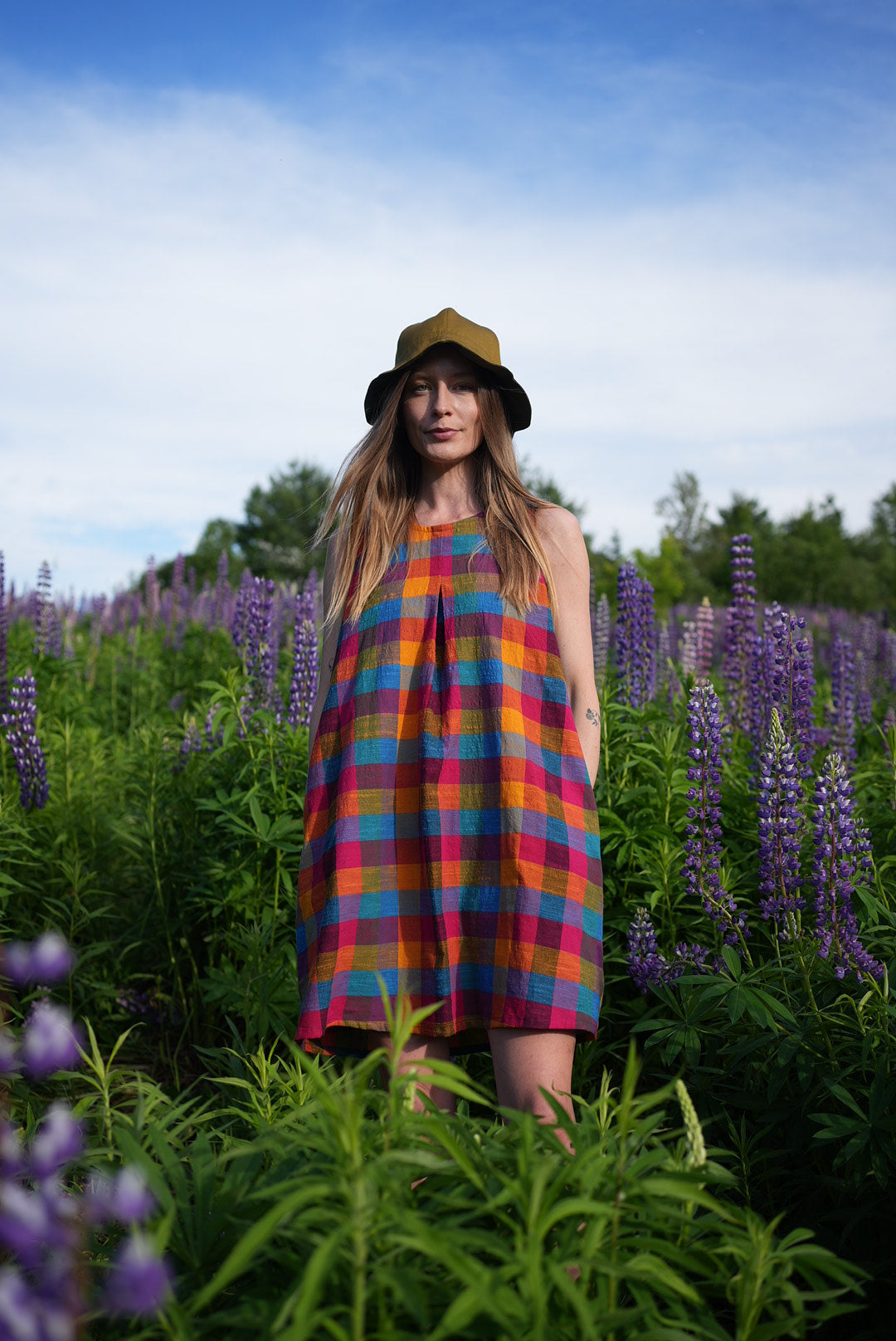 Bright check tent dress with matching bandana