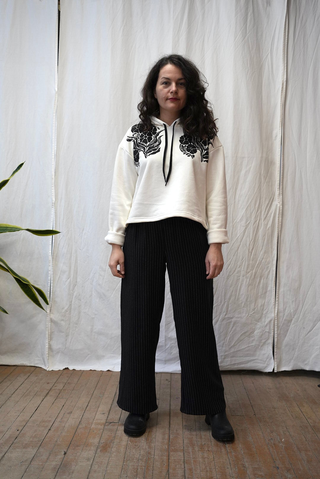 Aurelie pants with elastic waist- black and white pinstripe