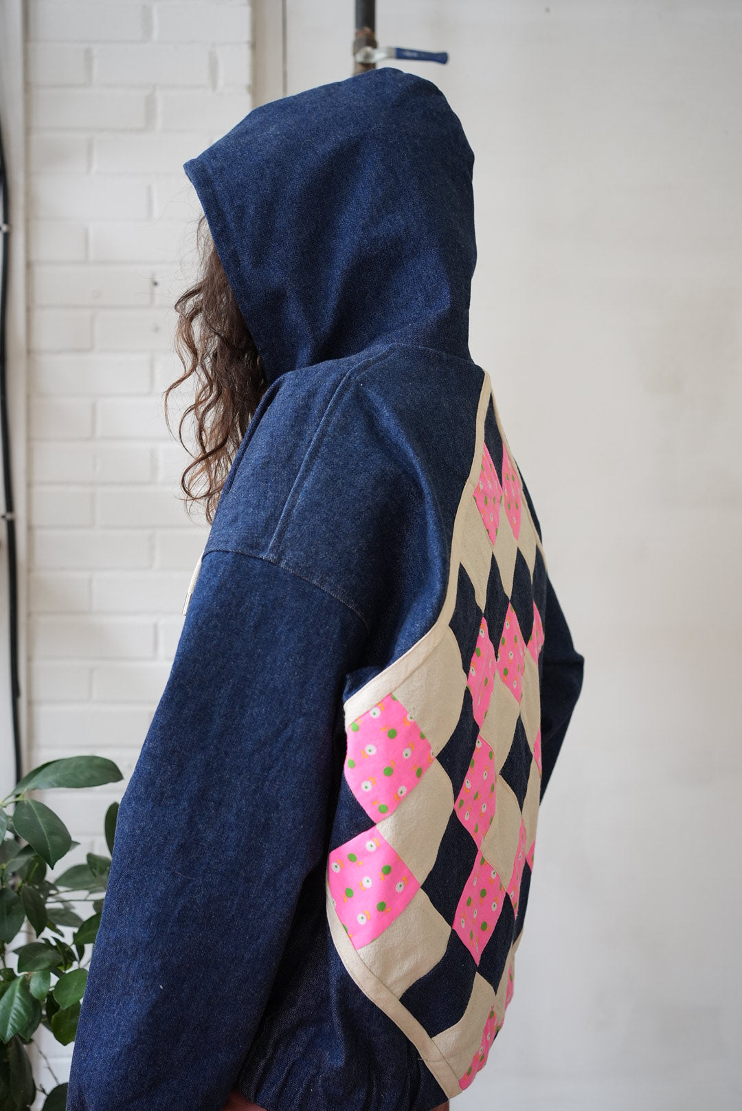 Denim jacket with quilt back- pink quilt- size M/L