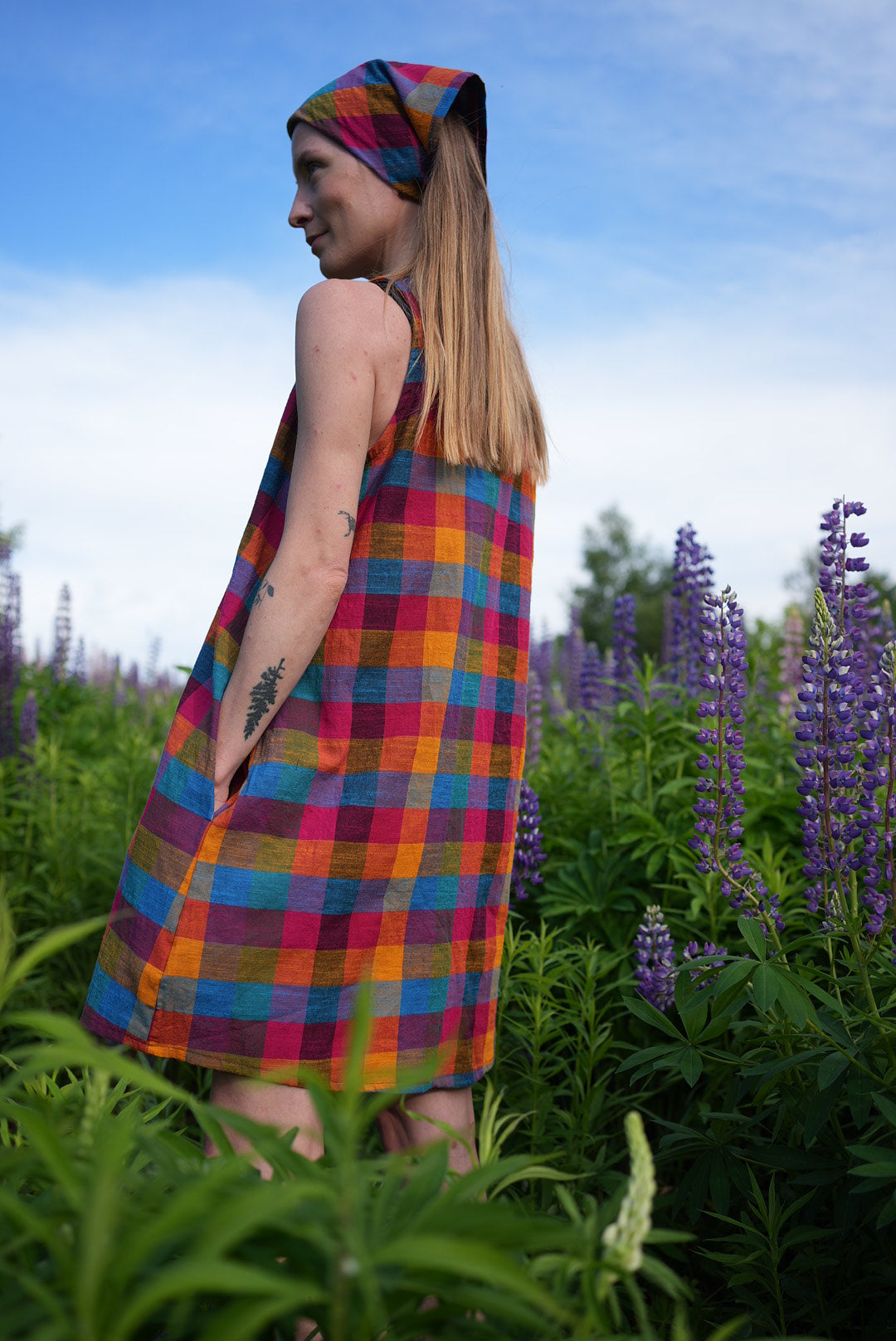 Bright check tent dress with matching bandana