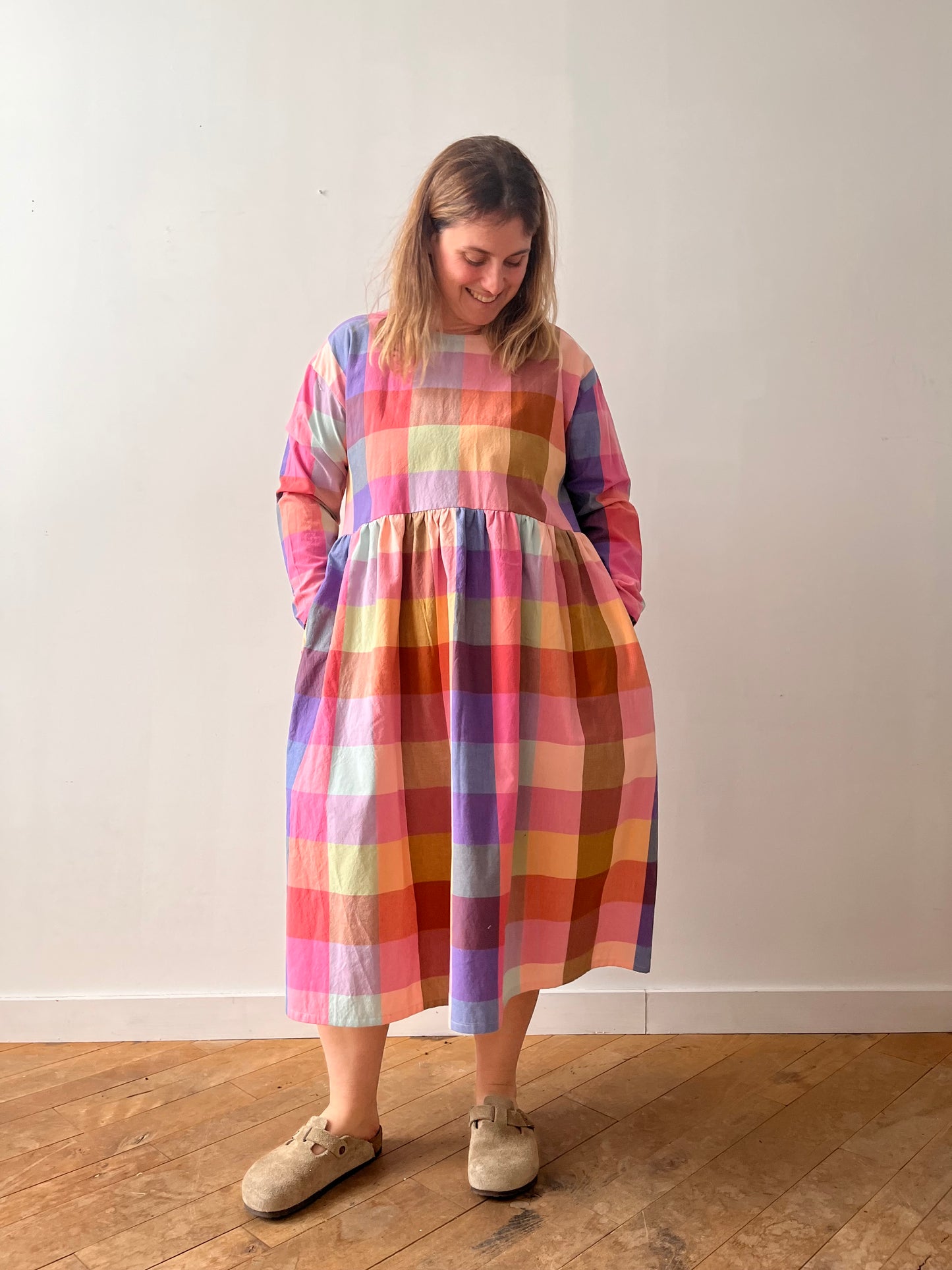 Prismatic plaid midi dress