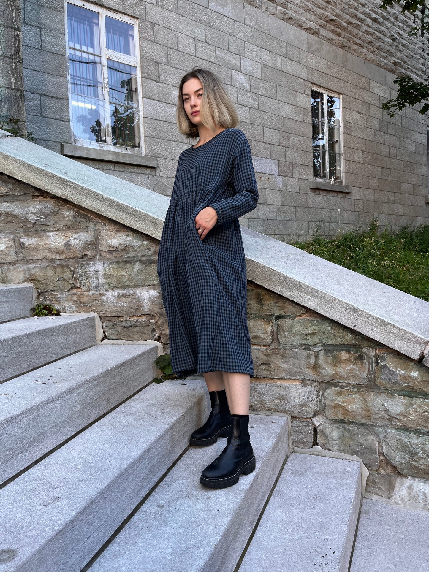 Midnight check organic cotton double gauze dress