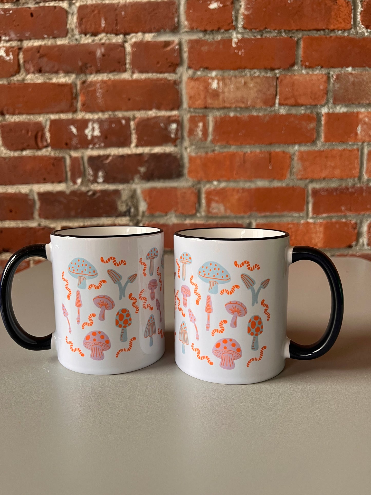 Pair of Mushroom & worm mugs