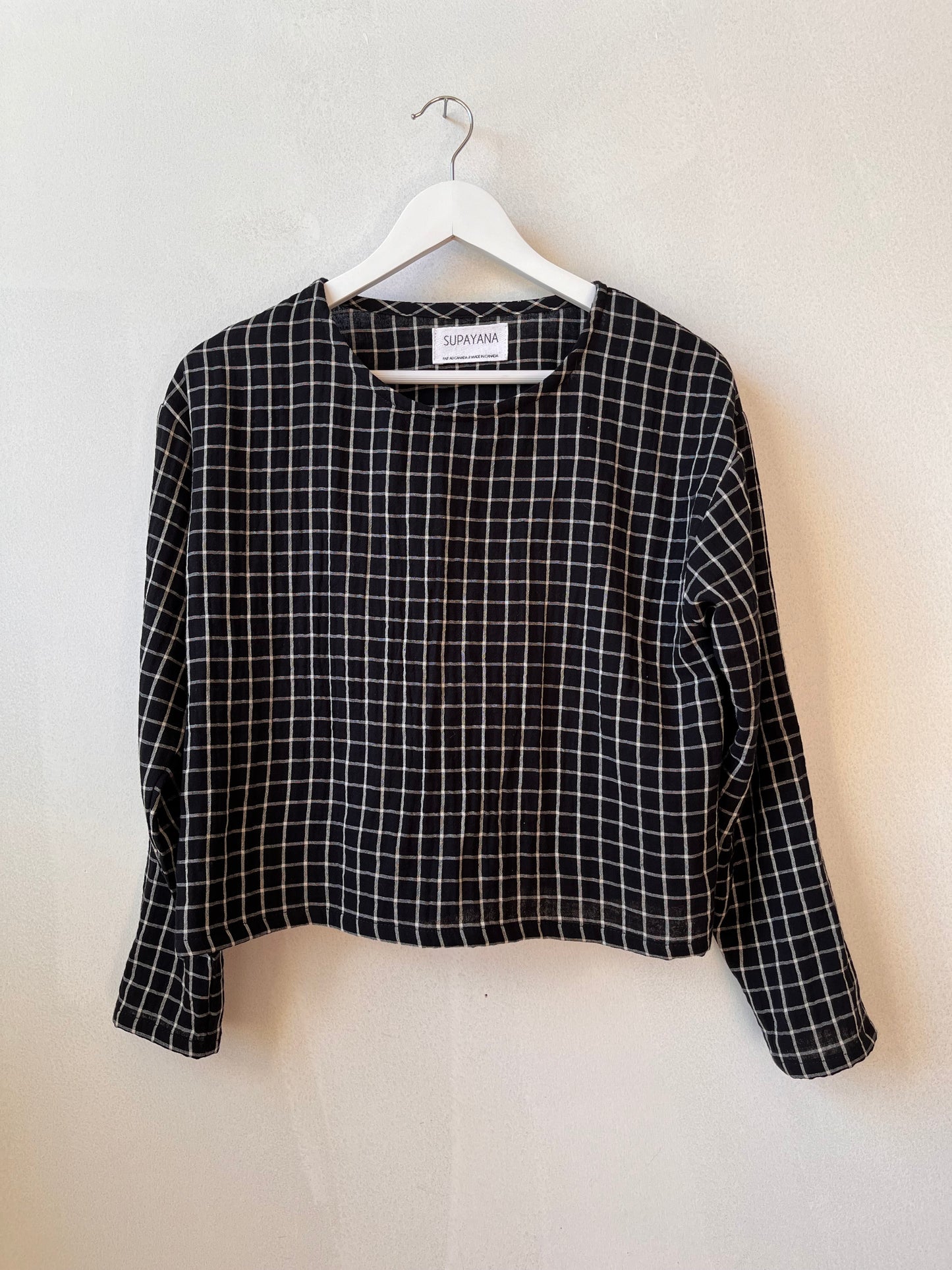 Organic cotton long sleeved top- black windowpane double gauze