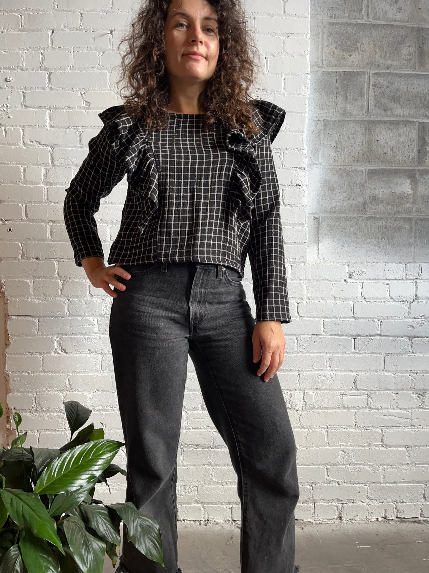 Organic cotton ruffle top-B&W windowpane check - Ships early October