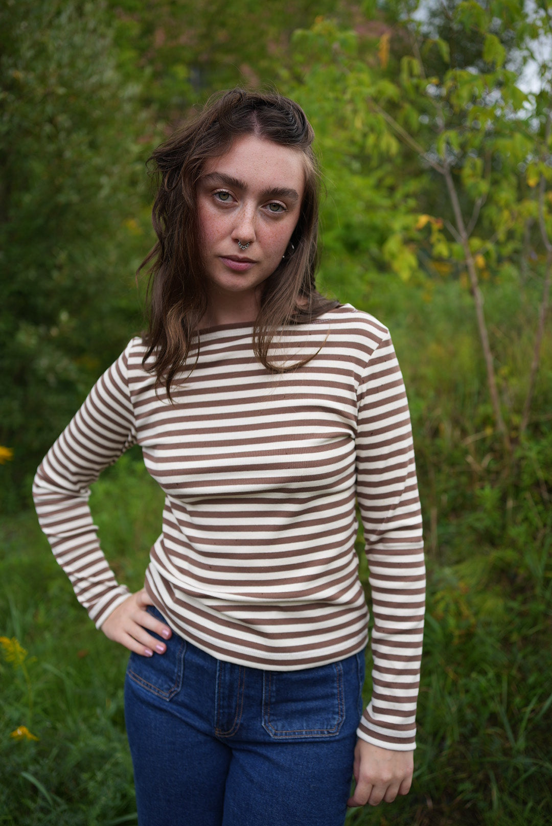 striped boatneck top - cocoa & off white