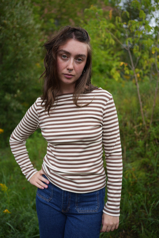 striped boatneck top - cocoa & off white