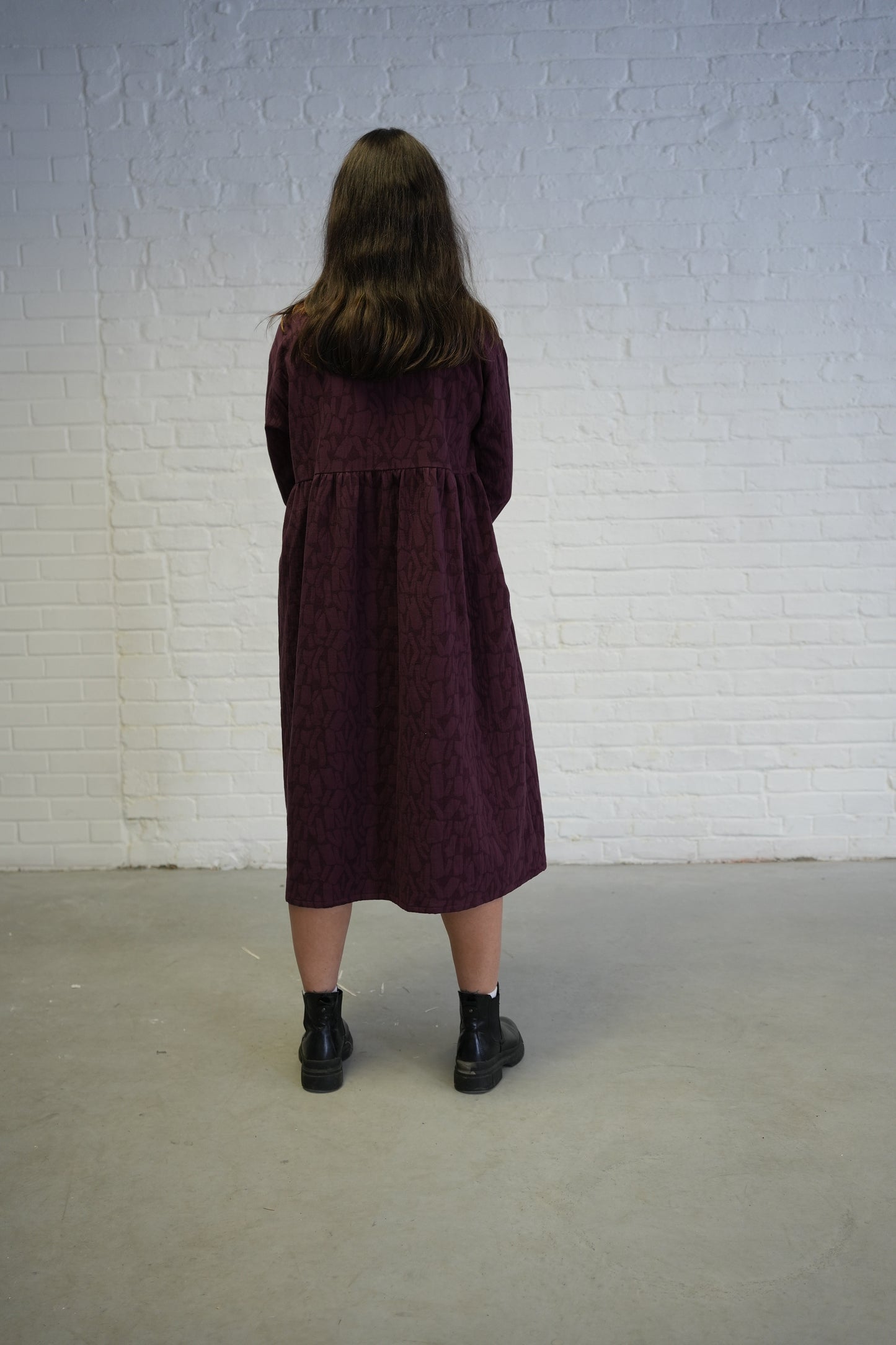 Loose fit long sleeved textured dress- Plum- two left in S-M