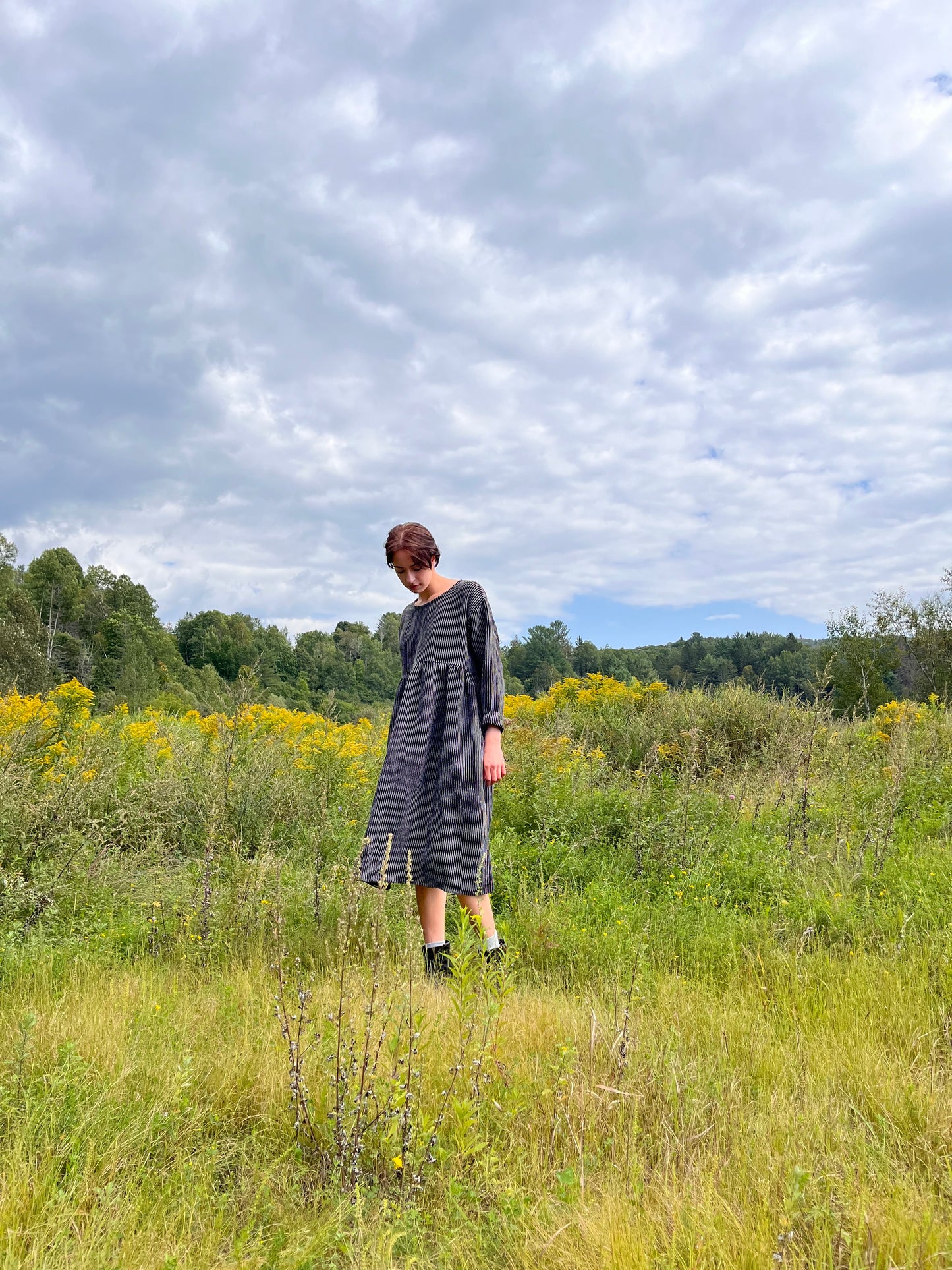 Black linen blend striped midi dress