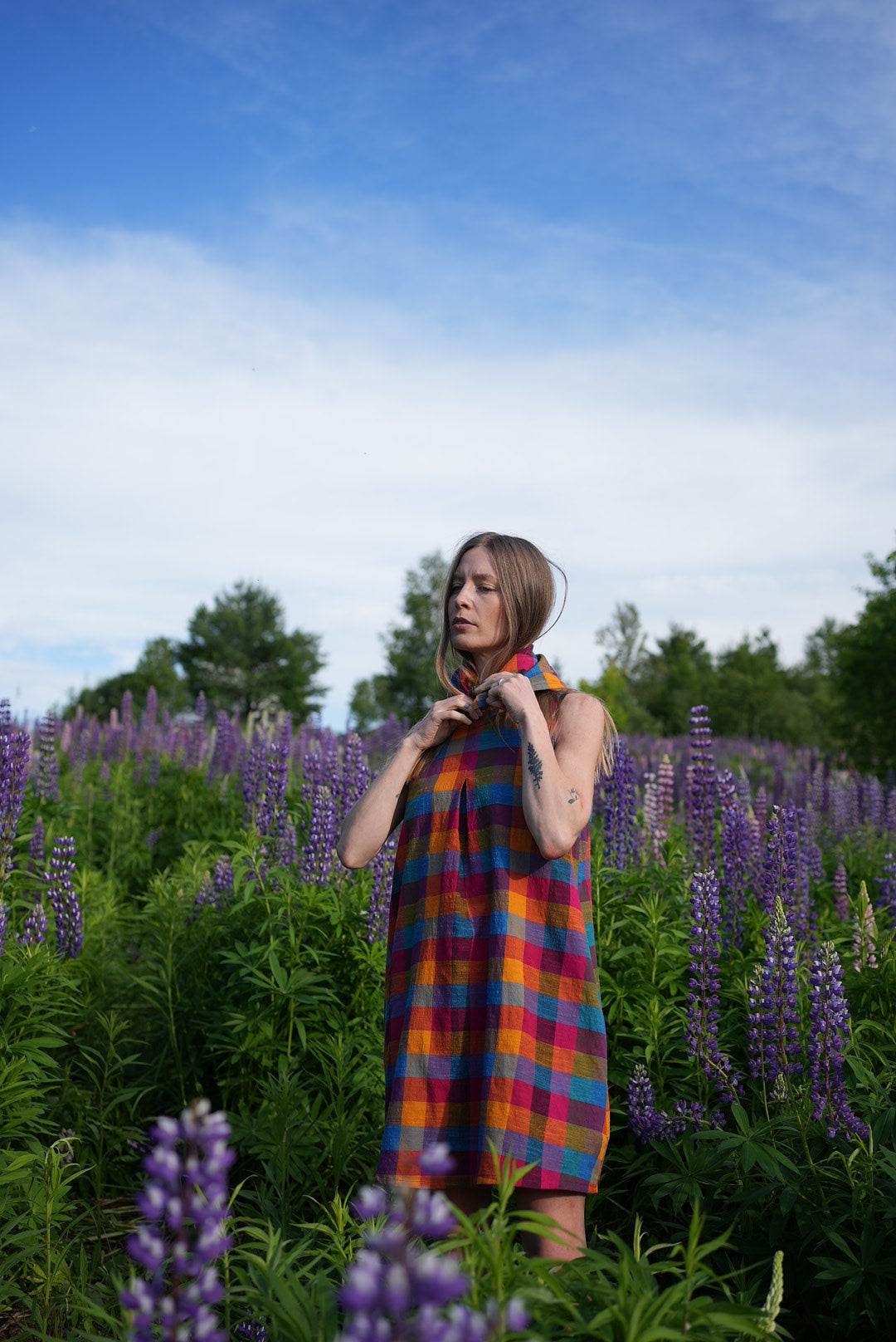 Bright check tent dress with matching bandana