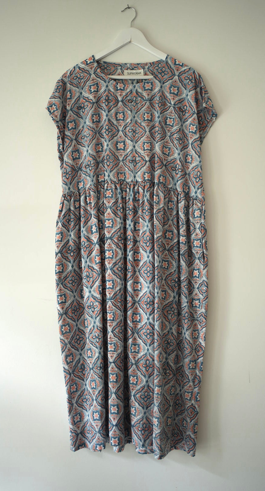 Block print dress peach & blue L/XL