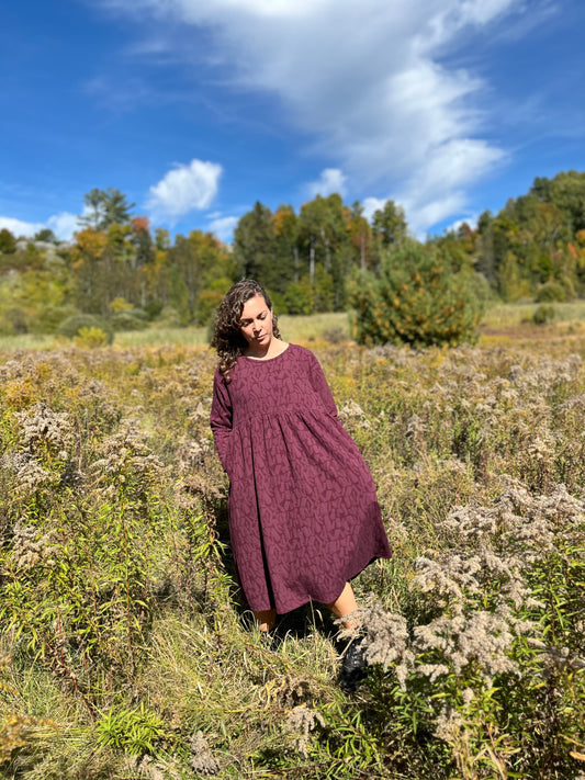 Loose fit long sleeved textured dress- Plum