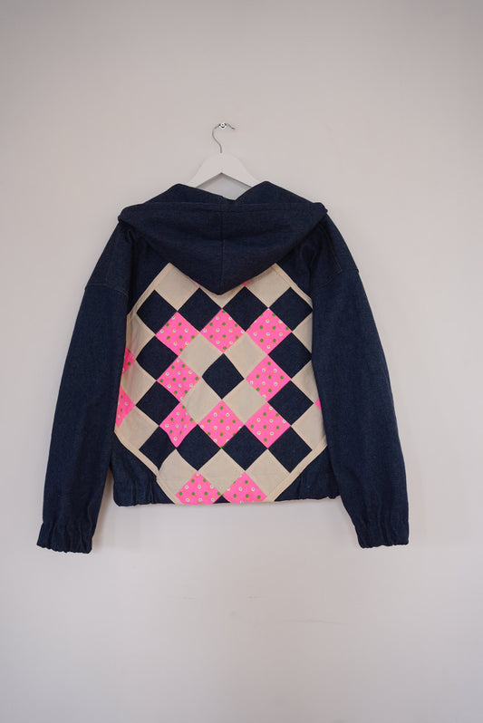 Denim jacket with quilt back- pink quilt- size M/L