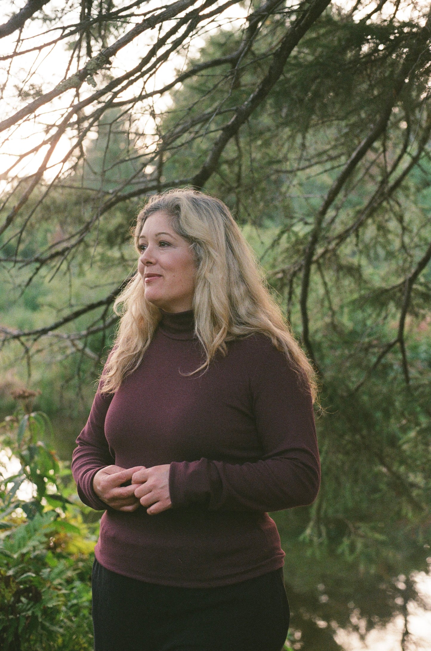 Chemise à manches longues côtelée col montant - Bourgogne
