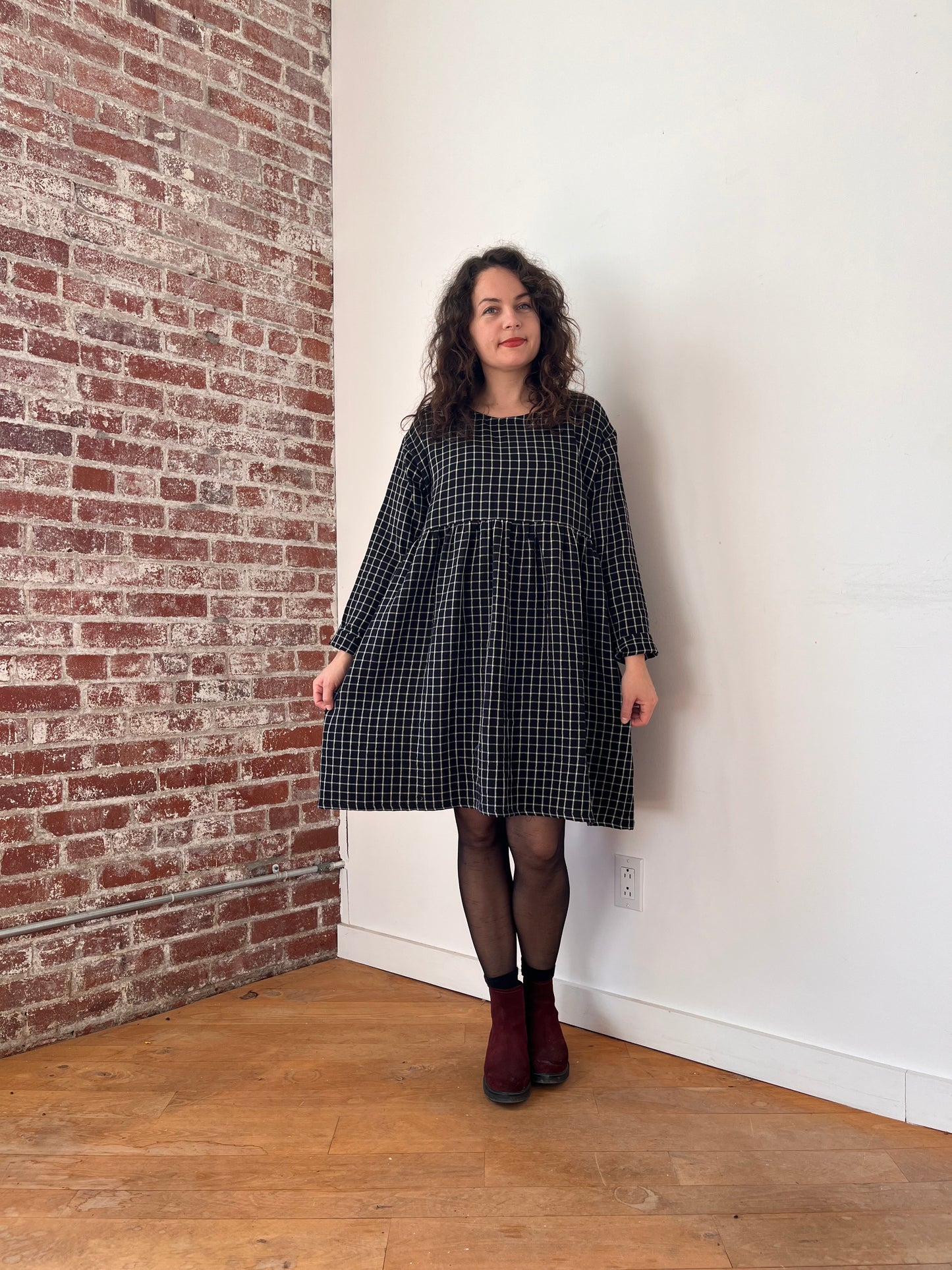 B&W windowpane organic cotton dress- knee length