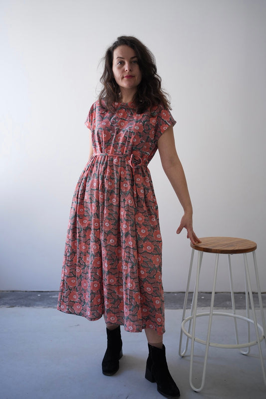 Cotton short sleeve dress- floral blockprint
