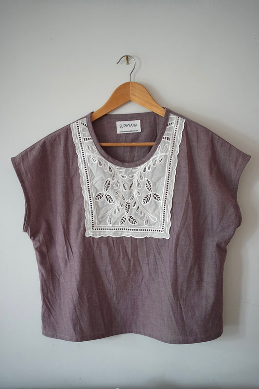 Short sleeve boxy top with lace - grape - made to order in any size