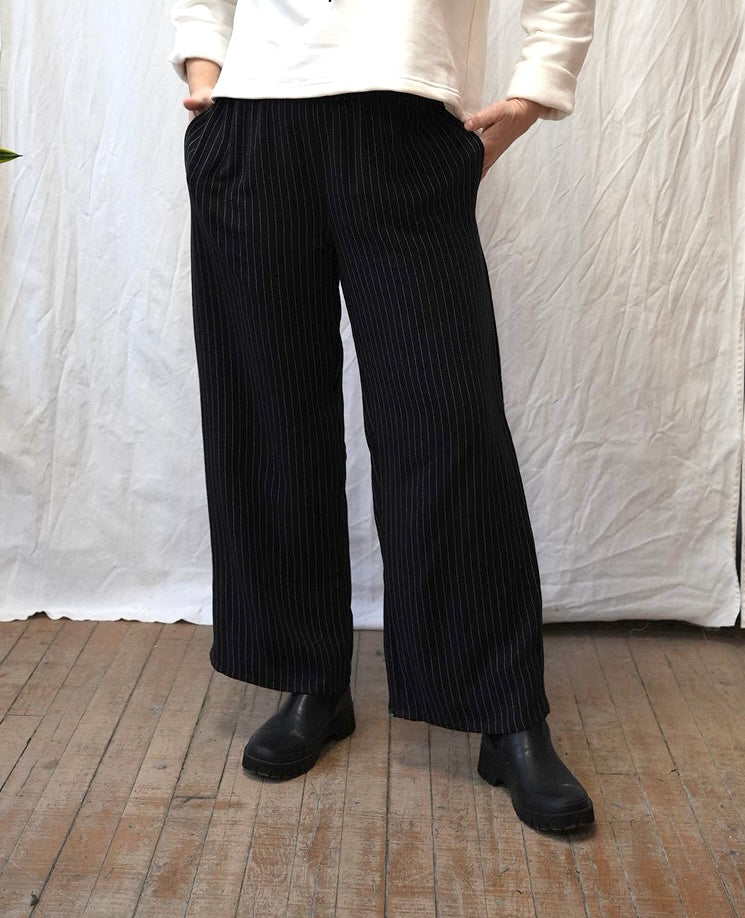 Aurelie pants with elastic waist- black and white pinstripe