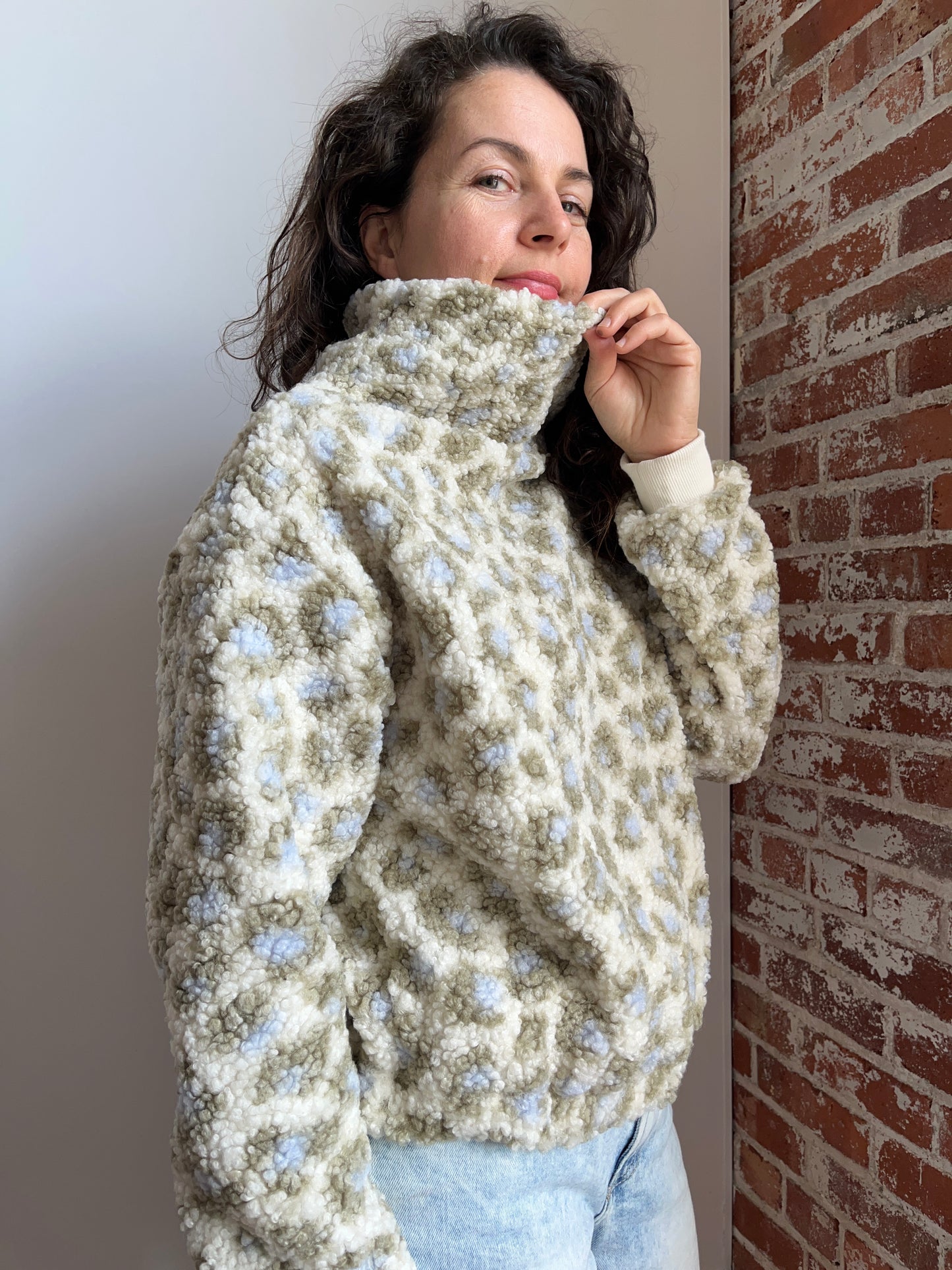 Leopard funnel neck sherpa top with organic cotton lining