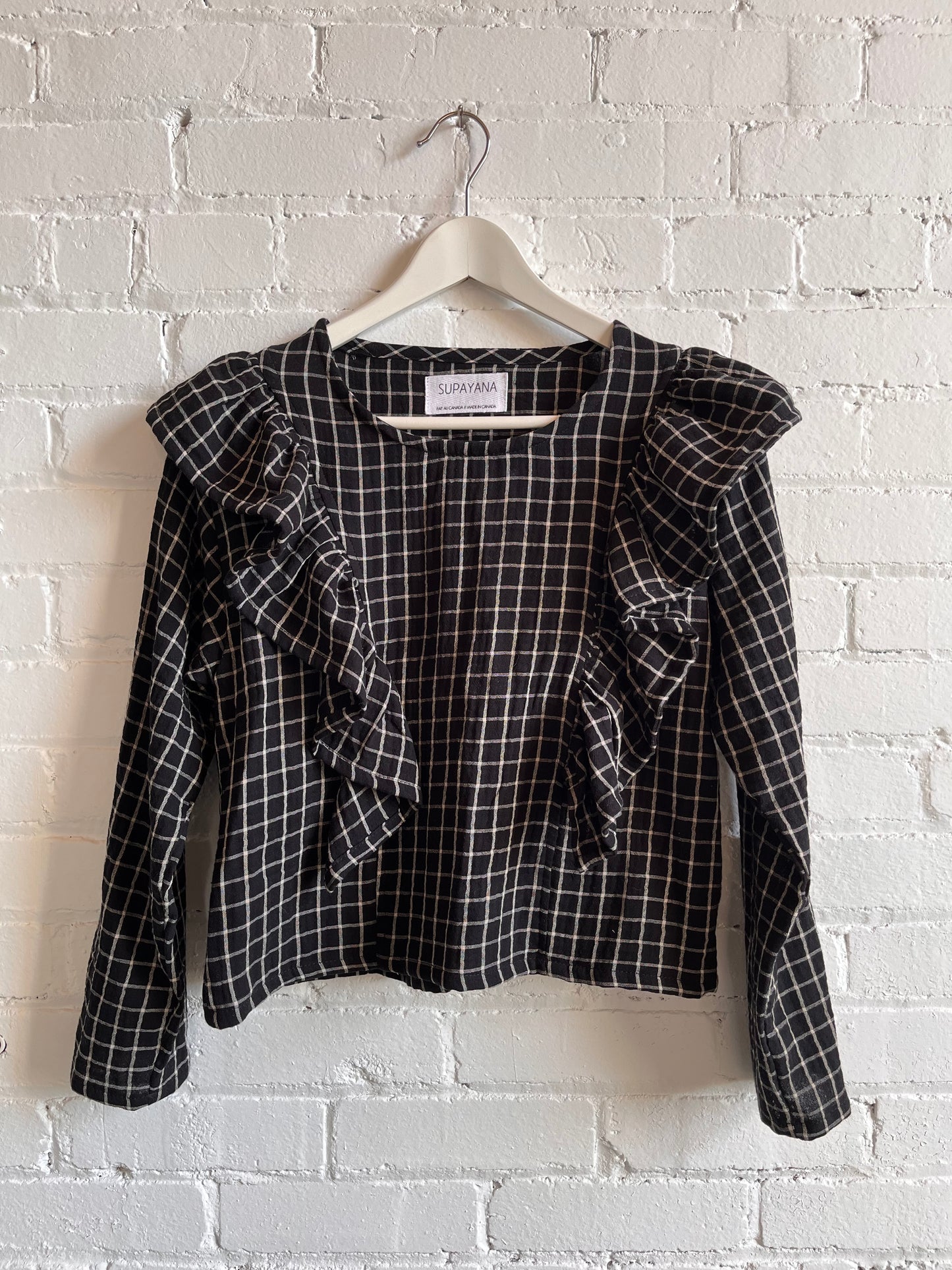 Organic cotton ruffle top-B&W windowpane check - Ships early October