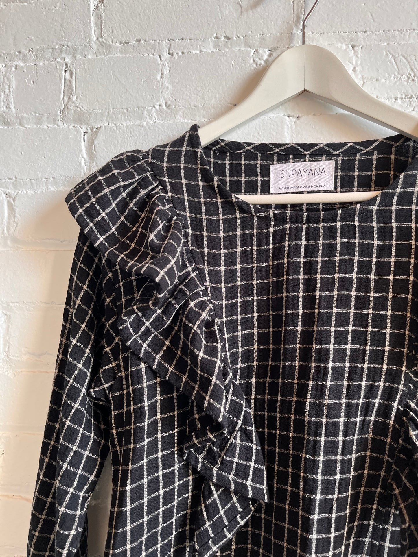 Organic cotton ruffle top-B&W windowpane check - Ships early October