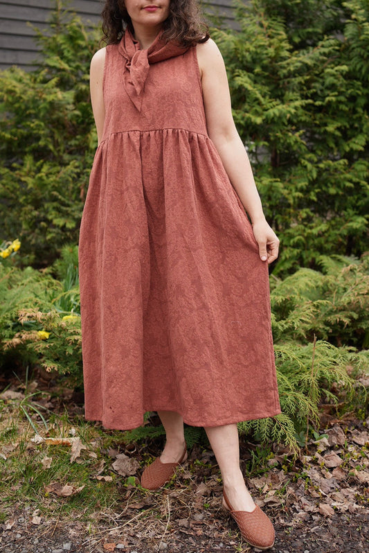 Sleeveless cotton dress with matching scarf- textured terracotta - made to order in any size