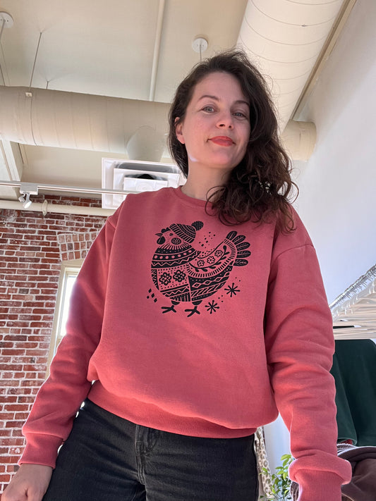 Chicken print crewneck- raspberry mousse