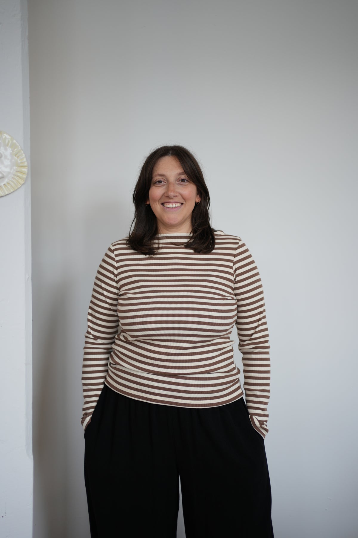 striped boatneck top - cocoa & off white