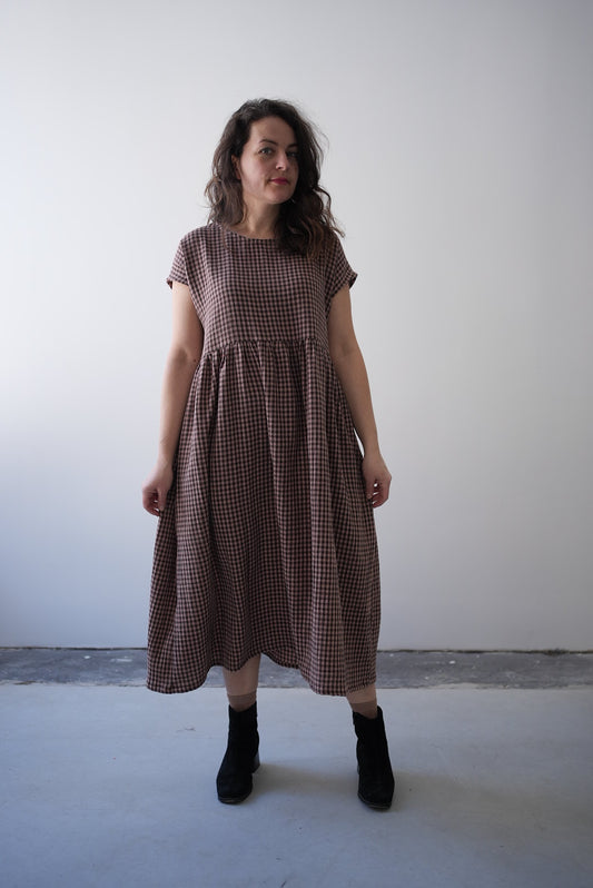 Organic cotton short sleeve dress- cocoa gingham